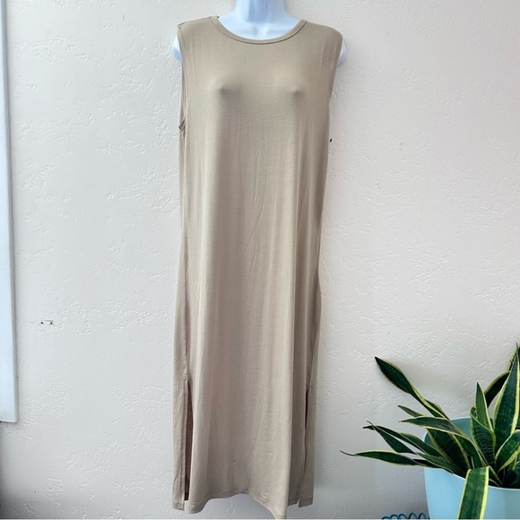 ZYIA ACTIVE Monterey Jersey Knit Sheath Midi Dress Side Slits Warm Sand Size M - Picture 2 of 10